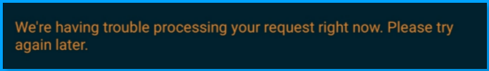 [IMG: BLOCKED-Title-Request-error_trouble processing_unable to process.png | TYPE: screenshot | CONTENT: Blocked title request message, "We're having trouble processing your request right now. Please try again later." | UPDATES: message change or number of daily title request limit | DEPENDENT: Blocked titles training]