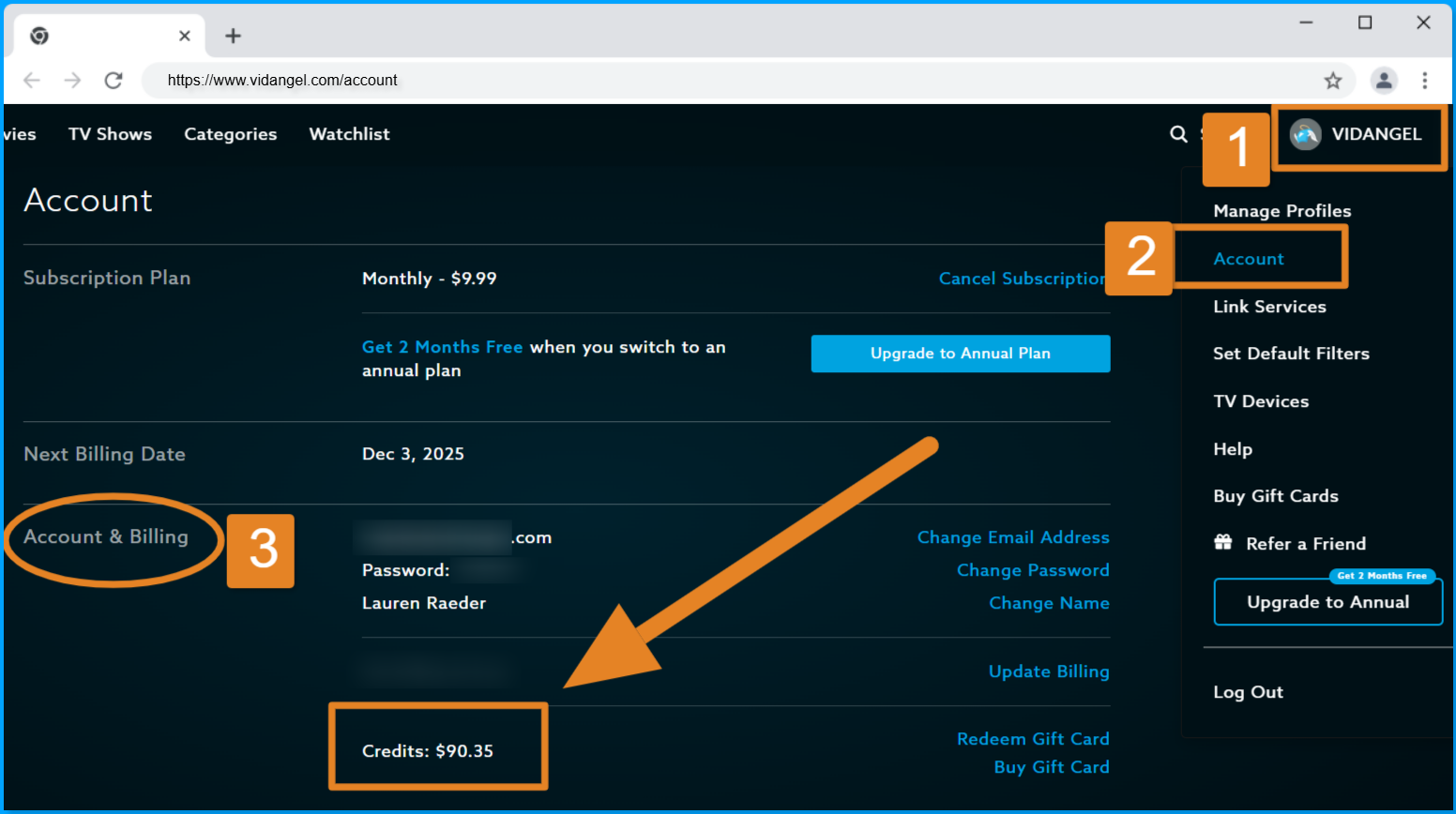 web_account settings_accounts and billing_view credit balance.png TYPE: screenshot | CONTENT: Account Settings page showing credit balance in billing section | UPDATES: Account page UI, credit display location | DEPENDENT: Multiple macros that explain viewing credits