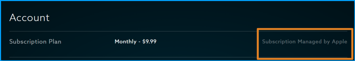 web_account settings_apple ios subscription.png | CONTENT account settings page with "Subscription Managed by Apple" highlighted
