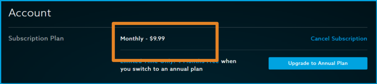 web_account settings_monthly stripe subscription.png | CONTENT account settings page with "Monthly - $9.99" highlighted