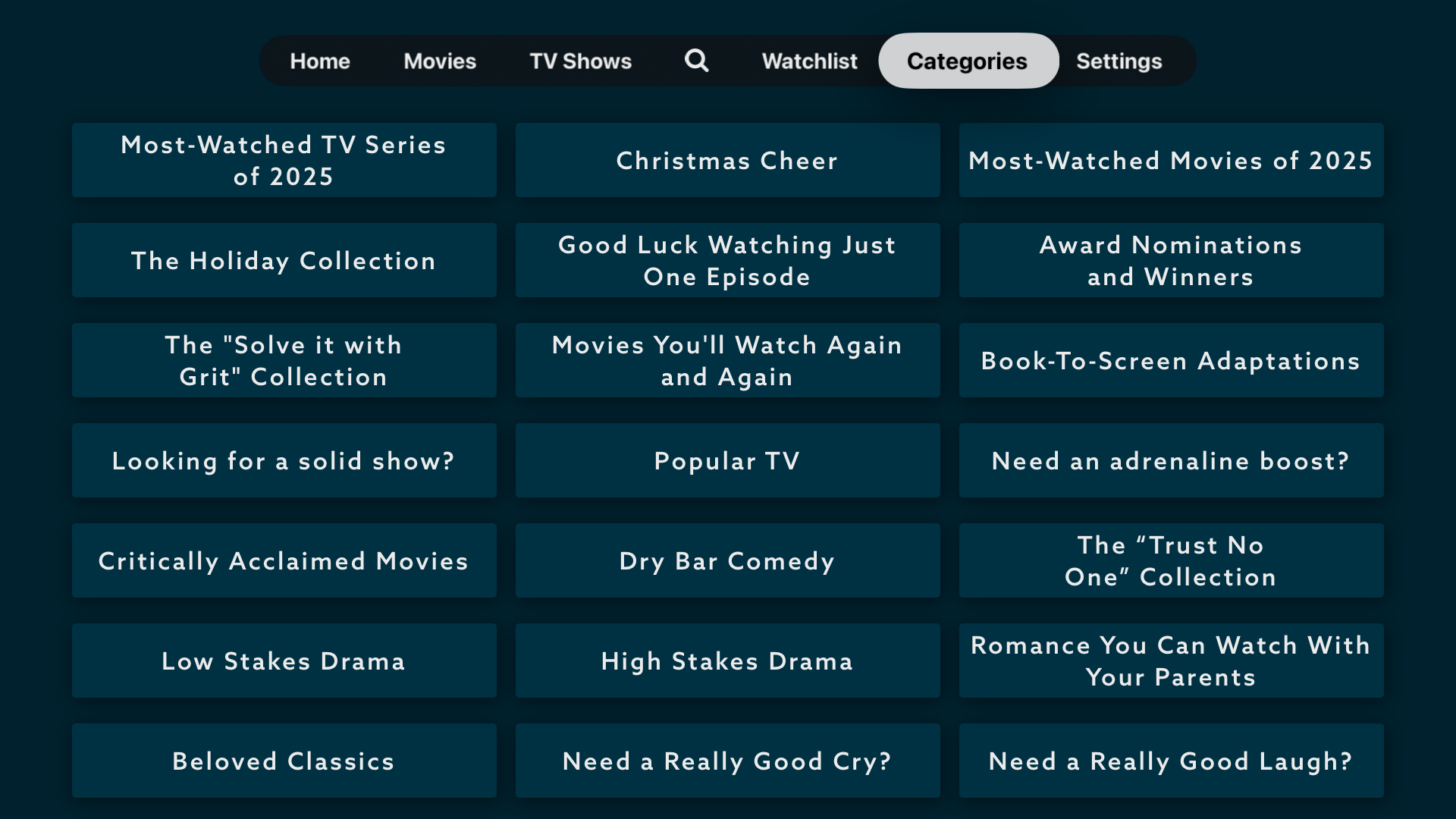Categories_TV_App.png | Screenshot of the Categories Page on the VidAngel AppleTV app