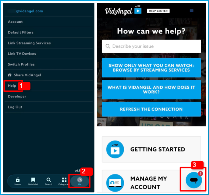 Mobile_App_Help_Center_Chat.png | Screenshot showing how to access the help center from the mobile app to start a chat