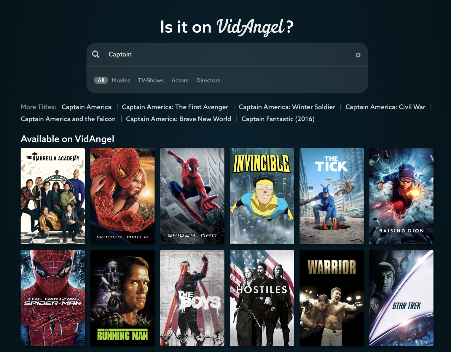 Is_it_on_VidAngel_1.png | CONTENT: Is it on VidAngel? Search page, with tags to browse by movies, TV shows, actors, or directors, as well as similar title recommendations