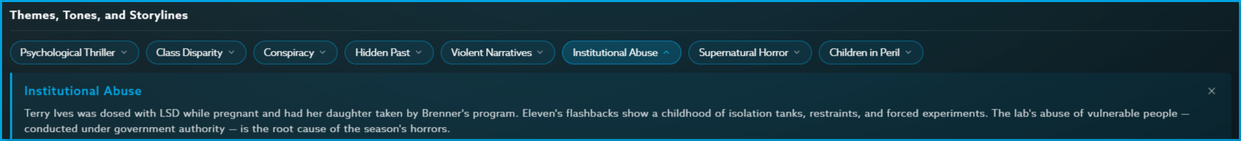 Stranger_Things_season_1_Content_Guide_Theme.png | CONTENT: Stranger Things Season 1 Themes, Tones & Storylines section showing tags for Psychological Thriller, Class Disparity, Conspiracy, Hidden Past, Violent Narratives, Institutional Abuse, Supernatural Horror, and Children in Peril, with Institutional Abuse description expanded
