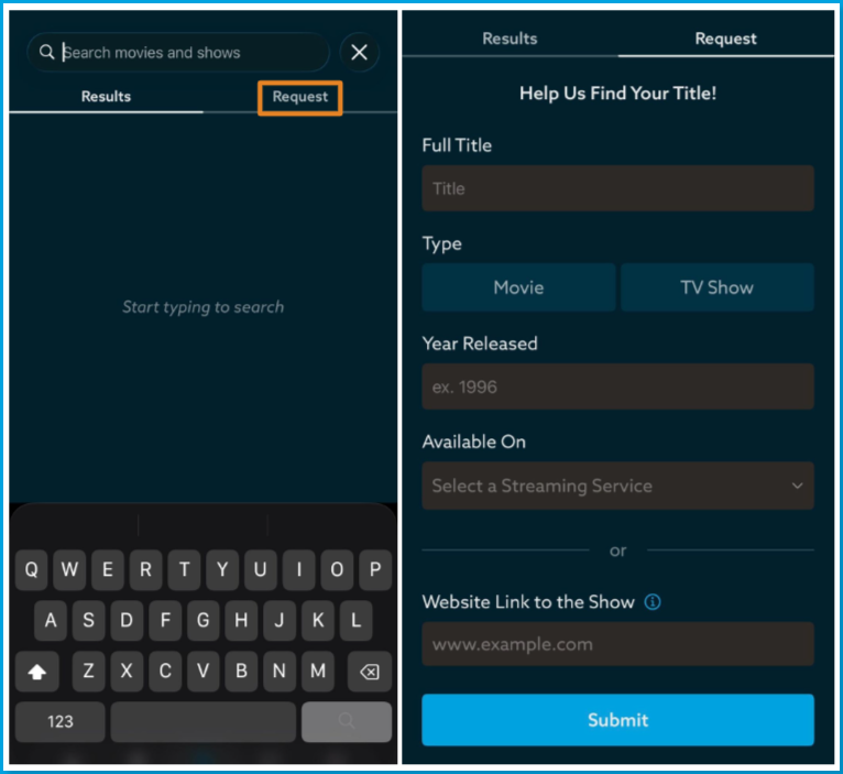 Mobile_Requests.png | CONTENT: Two-panel image showing the VidAngel mobile app search screen with the Request tab highlighted in orange on the left, and the "Help Us Find Your Title!" request form on the right with fields for Full Title, Type, Year Released, Available On, and Website Link 