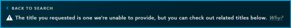 Is_it_on_VidAngel_plaintiff.png | The "Is it on VidAngel?" results banner showing the plaintiff message: "The title you requested is one we're unable to provide, but you can check out related titles below." with a "Why?" link