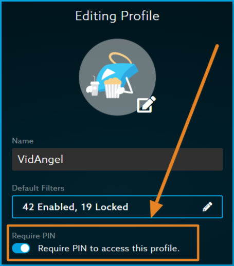 Require_PIN_Web.png | Content: Web screenshot of the Editing Profile screen showing a profile named VidAngel with 42 filters enabled and 19 locked, with an arrow pointing to the Require PIN toggle, which is turned on with the label 'Require PIN to access this profile. 