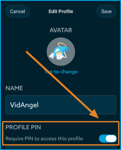 Require_PIN_Mobile.png | Content: Mobile screenshot of the Editing Profile screen showing a profile named VidAngel with 42 filters enabled and 19 locked, with an arrow pointing to the Require PIN toggle, which is turned on with the label 'Require PIN to access this profile. 