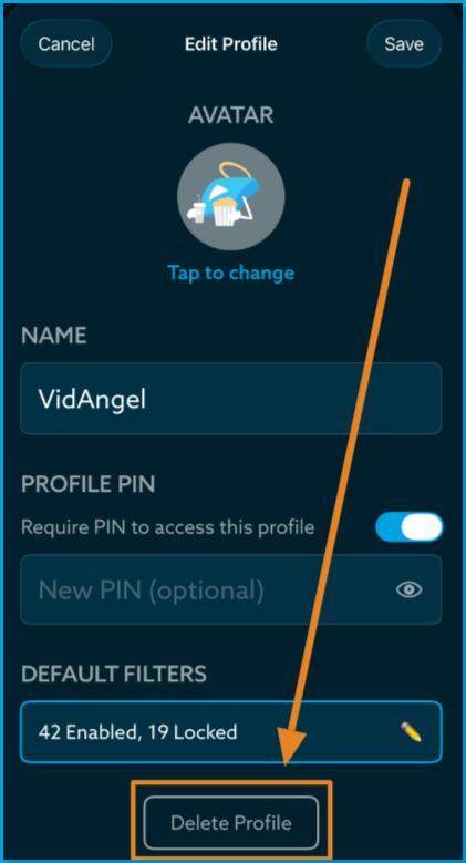Delete_Profile_Mobile.png | CONTENT: Mobile screenshot of the Editing Profile screen for a profile named VidAngel, showing 42 filters enabled and 19 locked, the Require PIN toggle turned on, a New PIN optional field, and an arrow pointing to the Delete button at the bottom of the screen.
