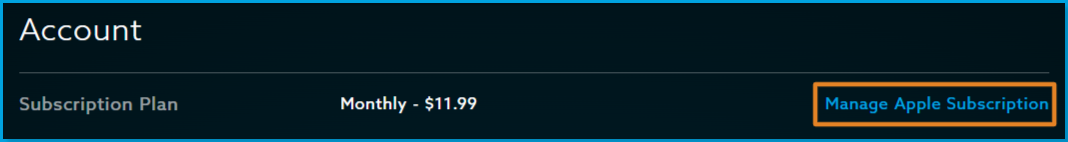 web_account_settings_manage_apple.png | Content: Account settings page showing Subscription Plan as "Monthly - $11.99" with "Manage Apple Subscription" link highlighted 