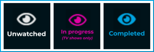 Mark_as_Watched_Eyeball_Key.png | CONTENT: Three eyeball icons showing the Mark as Watched status states: white eyeball labeled "Unwatched," pink eyeball labeled "In progress (TV shows only)," and blue eyeball labeled "Completed"