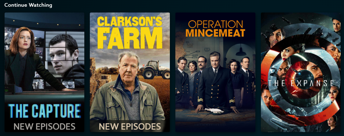 Continue_Watching.png | CONTENT: Screenshot of the VidAngel Continue Watching section on the web, showing four title thumbnails: The Capture (labeled "New Episodes"), Clarkson's Farm (labeled "New Episodes"), Operation Mincemeat, and The Expanse. 