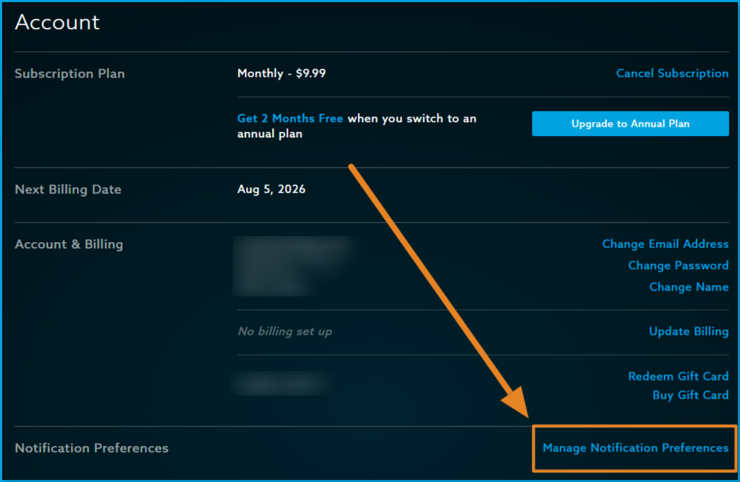 Account_settings_manage_notifications_web.png | CONTENT: Web account settings page with an arrow pointing to the Manage Notification Preferences link, highlighted in orange under the Notification Preferences row 