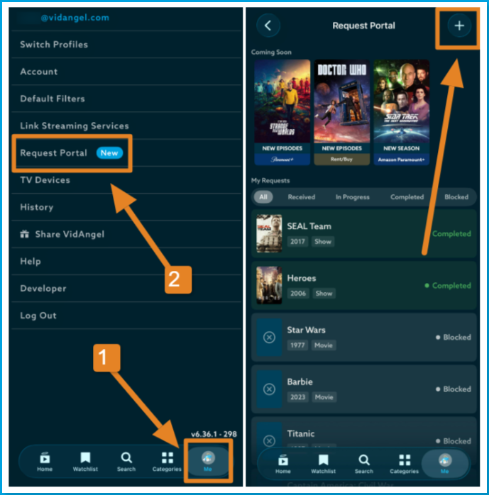 Mobile_new_title_request_portal.png | CONTENT: Two-panel mobile screenshot showing how to access the Request Portal. Panel 1: the "Me" tab menu with an orange arrow (1) pointing to the "Me" icon in the bottom nav and an orange arrow (2) pointing to "Request Portal" (labeled "New") in the menu list. Panel 2: the Request Portal screen showing the Coming Soon row (Strange New Worlds, Doctor Who, Star Trek: The Next Generation) and the My Requests section with status tabs (All, Received, In Progress, Completed, Blocked) and a "+" New Request button in the top right] 