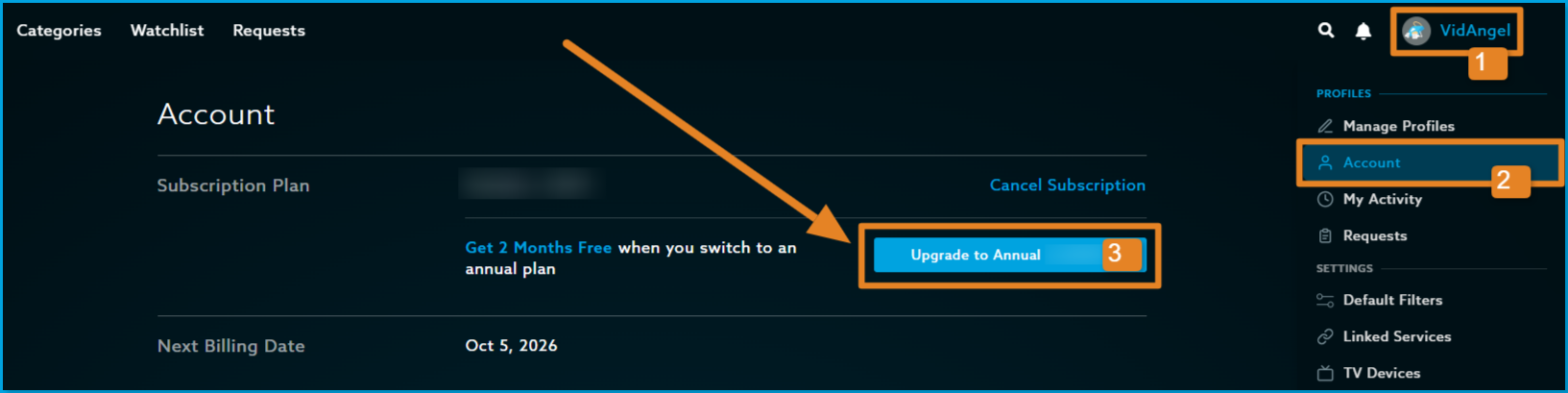Upgrade_to_annual.png | CONTENT: VidAngel website Account page. Step 1 highlights your profile name in the top right corner. Step 2 highlights Account in the drop-down menu. Step 3 highlights the Upgrade to Annual button, next to the message "Get 2 Months Free when you switch to an annual plan."